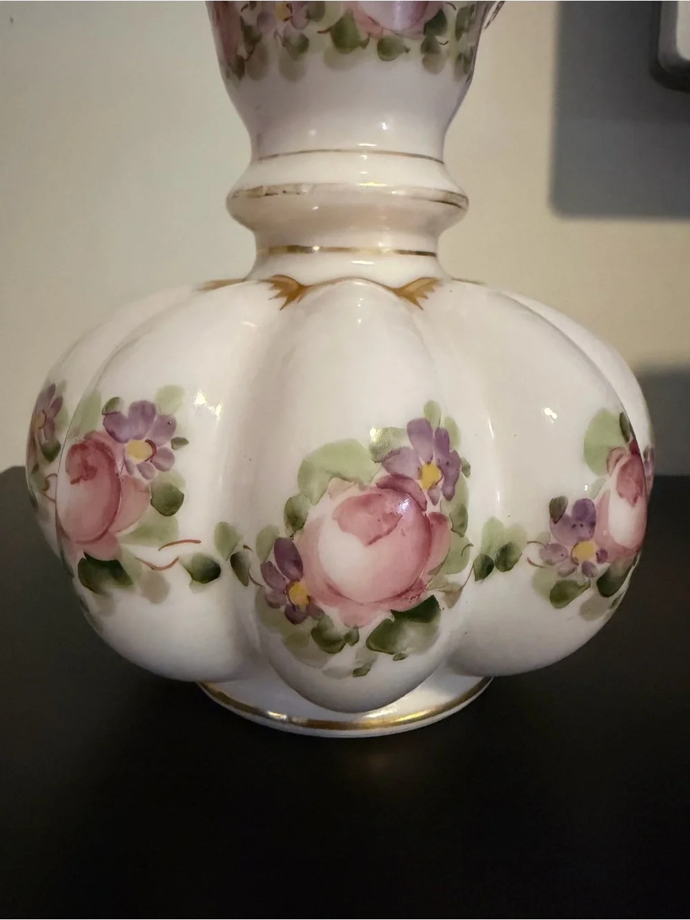 Vintage Fenton Charleton Peach Crest Melon Vase 7” Hand Painted Roses Gold